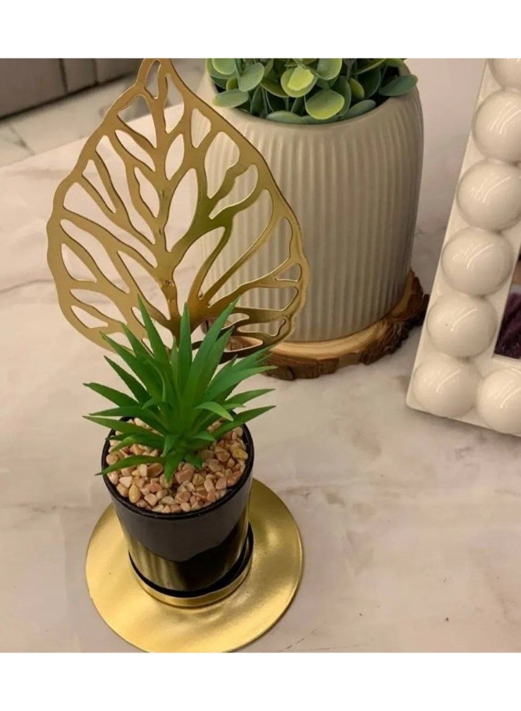 وعاء زينة معدني ذهبي صغير - نبات عصاري صناعي أنيق في وعاء أسود لامع لتزيين المنزل، والغرف، وغرفة المعيشة، والعيد، ورمضان، والمكتب، وسطح الطاولة - Image 2